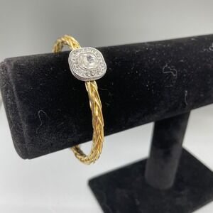 Two‎ Tone Braided Cable Cuff Bracelet Cushion Cut Crystal Halo Pavé Gold Silver